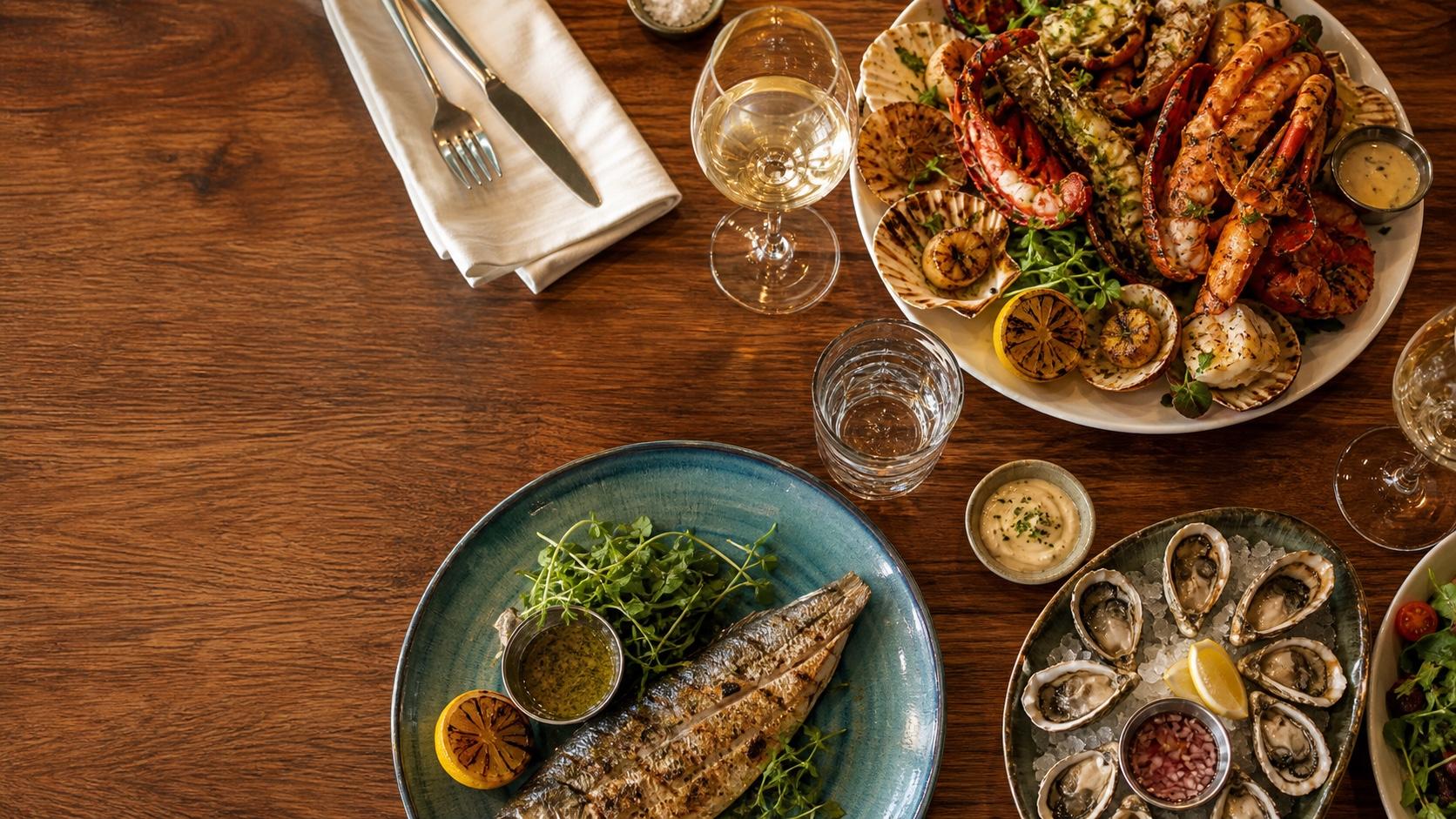 Overhead seafood table spread at Ocean Fish Platter